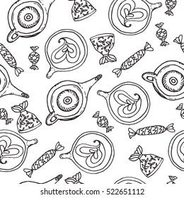 Seamless pattern with sweets, candy, tea or coffee pot upper view, piece of cake on the plate and cup of coffee. Black and white sketch. Vector stock illustration. Wrapping paper. 