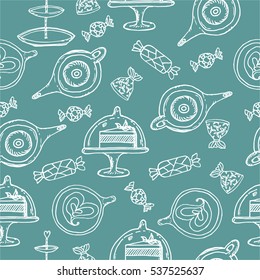 Seamless pattern with sweets, candy, tea or coffee pot upper view, piece of cake on the plate and cup of coffee. Black and white sketch. Vector stock illustration. Wrapping paper. 