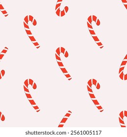 Seamless pattern with sweets cane and snow. Christmas background. Vector hand drawn illustration