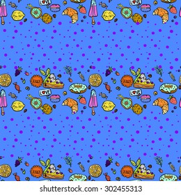 Seamless pattern with sweets, cartoon drawing.