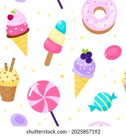 Seamless pattern sweets. Cartoon style candies and ice cream background dessert, lollipop and donut, pink colour girly decor. Decor textile, wrapping paper wallpaper vector print