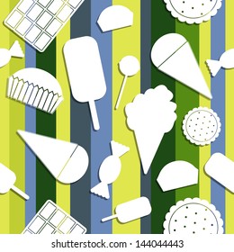 Seamless pattern: sweets. Chocolate, candy, ice cream, cake, coo