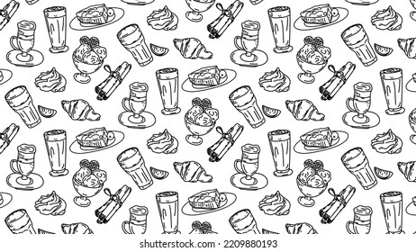 Seamless pattern with a pattern of sweets and coffee hand-drawn.Wallpaper, background