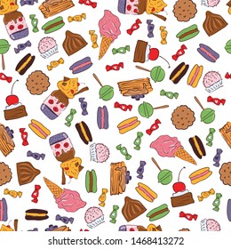 Seamless pattern with sweets. Colorful  candy, sweets and cakes. Vector flat cartoon illustration 