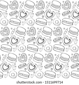 Seamless pattern of sweets, cookies, donut, marshmallow, macaron in vector. Sweet pastries and pastry isolated on white background. Hand drawn in vintage style. Black and white line.