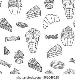 Seamless pattern, sweets and cookies icons, cupcake, macaron, ice cream, cheesecake, cake. Vector illustration.  Adult coloring book. Hand drawn
