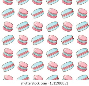 Seamless pattern of sweets, cookies,  marshmallow, macaron in vector. Sweet pastries and pastry isolated on white background. Hand drawn in vintage style. Delicate, pastel colors. 