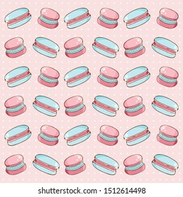 Seamless pattern of sweets, cookies,  marshmallow, macaron in vector. Sweet pastries and pastry isolated on white background. Hand drawn in vintage style. Delicate, pastel colors. 