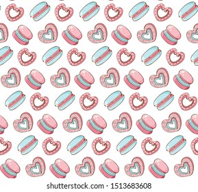 Seamless pattern of sweets, cookies,  marshmallow, macaron in vector. Sweet pastries and pastry isolated on white background. Hand drawn in vintage style. Delicate, pastel colors. 