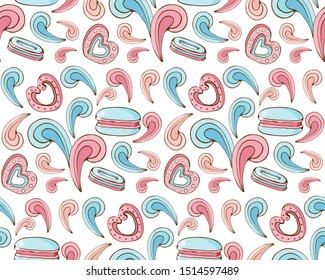 Seamless pattern of sweets, cookies,  marshmallow, macaron in vector. Sweet pastries and pastry isolated on white background. Hand drawn in vintage style. Delicate, pastel colors. 