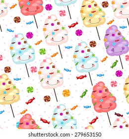 Seamless pattern of sweets, cotton candy, lollipops, little stars. Baby gift seamless background of cotton candy, candy.