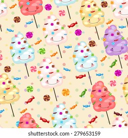 Seamless pattern of sweets, cotton candy, lollipops, little colored stars, circles. Baby gift seamless background of cotton candy, candy, candy.