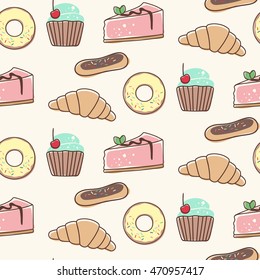 Seamless pattern with sweets. Cupcake, donut, eclair, croissant. Vector background