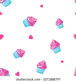 Seamless pattern with sweets - cupcake and heart. Cute desserts background. Desserts background, design for wedding, birthday, baby shower, gift wrapping paper, menu, cafe and textile design