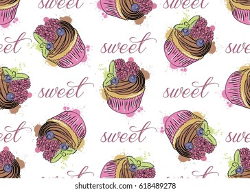 Seamless pattern with sweets. Cupcakes isolated on white background. Can use for birthday card, the children's menu, packaging, textiles, fabrics, wallpaper.