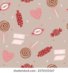 Seamless pattern with sweets. Cute cartoon print. Vector hand drawn illustration.