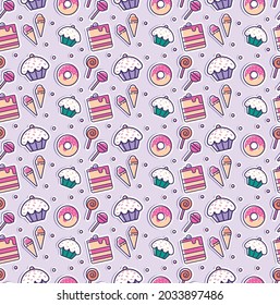 Seamless Pattern of Sweets for Decorative Design. Isolated Ice Cream, Cupcake, Donut, Lollipop. Flat Cartoon Sticker style. Sweet Food on a Colorful Background. Fabric Pattern for Printing. Vector