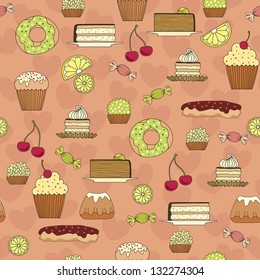 Seamless pattern with sweets, desserts, cakes, donuts and berries
