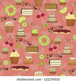 Seamless pattern with sweets, desserts, cakes, donuts and berries