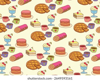 Seamless pattern of sweets and desserts. The pattern consists of mugs and sweet pastries: pie, cake, roll, biscuit, ice cream.EPS10