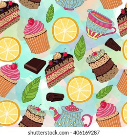 Seamless pattern with sweets and desserts: cupcake, teapot, lemon, chocolate. Doodle style vector. 