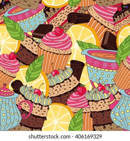 Seamless pattern with sweets and desserts: cupcake, teapot, lemon, chocolate. Doodle style vector. 