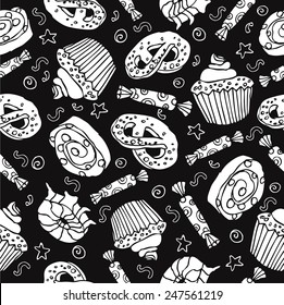 Seamless pattern with sweets and desserts: cupcake,donut, pretzel. Cartoon style vector. Baked goods, restaurant menu and cafe. 