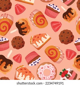 Seamless Pattern With Sweets And Desserts. Peach Colored Background With Cupcakes, Chocolate Cookies, Rolls, Muffins, Donut Or Candies Pastry And Confectionery Bakery. Cartoon Vector Illustration
