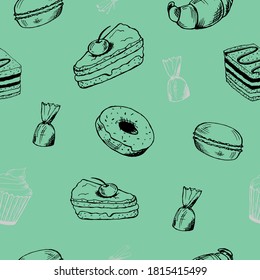 seamless pattern of sweets and desserts. a piece of cake, candy, cake,pancake, doughnuts, croissants and macaroons