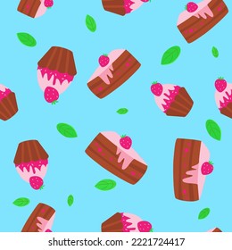 Caramelos y postres sin inconfundible, muffin con crema y frutas y hojas de menta al estilo de dibujos animados. Patrón para textiles, diseño de cocina y toallas y delantales, telas para niños.