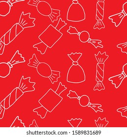 Seamless pattern with sweets of different sizes and types. White hand line on a red background. Use for wrappers, prints, textiles. Vector illustration, hand draw style. EPS 10