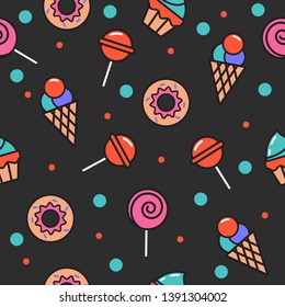 Seamless pattern of sweets, donut, lollipop, cupcake, ice cream. Background for kids cafe menu, wrapping paper. Vector banner