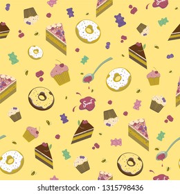 Seamless pattern of sweets, donuts, cakes and marmalade on a yellow background