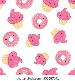 Seamless pattern with sweets - donuts, cupcakes isolated on white background. Can use for birthday card, the childrens menu, packaging, textiles, fabrics, wallpaper
