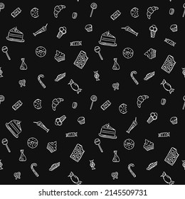 Seamless pattern with sweets. Doodle vector with sweets icons on black background. Vintage sweets illustration, sweet elements background for your project, menu, cafe shop
