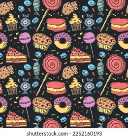 Seamless pattern with sweets. Doodle vector illustration with sweets icons. Vintage sweets background