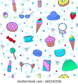 Seamless pattern with sweets and girls accessories: clothes, cosmetics,  jewelry, secret diary, etc. Vector illustration.