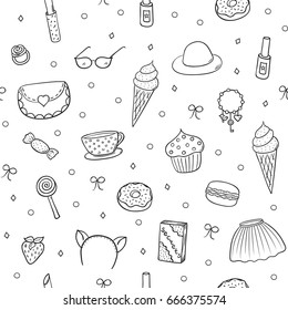 Seamless pattern with sweets and girls accessories: clothes, cosmetics,  jewelry, secret diary, etc. Black outline on white. Vector illustration.