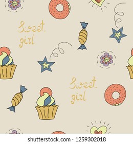 Seamless pattern with sweets for girls on the theme of "sweet girl".