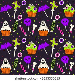 Seamless pattern Sweets for Halloween. Doodle style spooky dessert cupcake, scull, eyeballs, and bones. Trick or treat. Flat vector pattern.