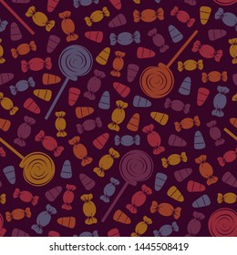 Seamless pattern with sweets. Halloween holiday background. Trick or treat wallpaper. Repeated candy silhouettes print. Kids scrapbook digital paper, textile print, page fill. Vector illustration
