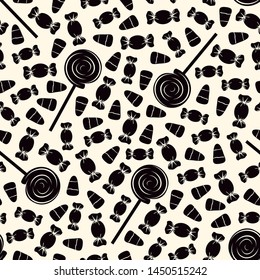 Seamless pattern with sweets. Halloween holiday background. Trick or treat wallpaper. Repeated candy silhouettes print. Kids scrapbook digital paper, textile print, page fill. Vector illustration