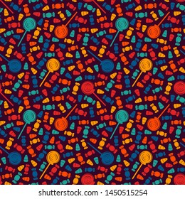 Seamless pattern with sweets. Halloween holiday background. Trick or treat wallpaper. Repeated candy silhouettes print. Kids scrapbook digital paper, textile print, page fill. Vector illustration