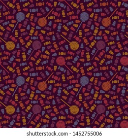 Seamless pattern with sweets. Halloween holiday background. Trick or treat wallpaper. Repeated candy silhouettes print. Kids scrapbook digital paper, textile print, page fill. Vector illustration