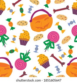 seamless pattern of sweets for halloween on a white background. pumpkin, caramel, candy, cupcake, cookies. printing on postcards, clothing and wrapping gift paper. wallpaper. vector