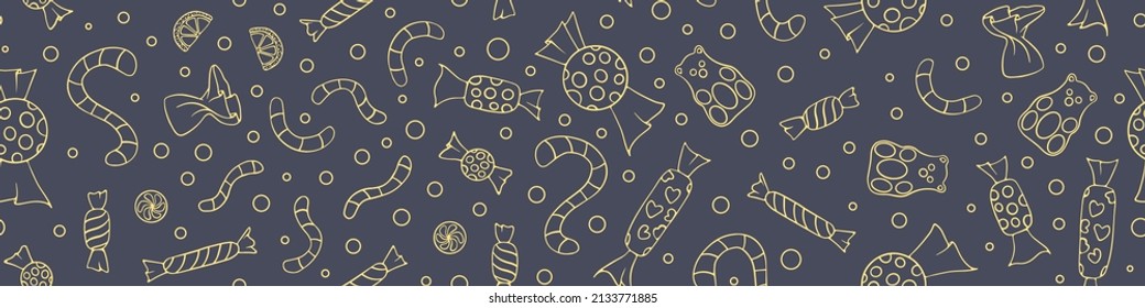 Seamless pattern with sweets. Hand drawn candies on gray background. Vector illustration.