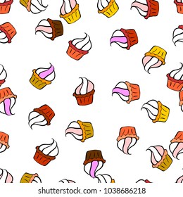 Seamless pattern with sweets - ice cream, cupcakes. Isolated in white, black and orange colors. Can use for birthday card, the children menu, packaging, textiles, fabrics, wallpaper. Vector design.