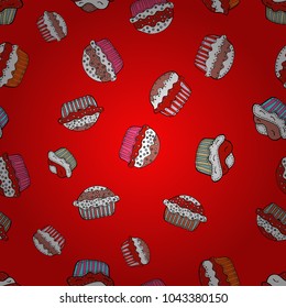 Seamless pattern with sweets - ice cream, cupcakes isolated on cute red, white and black background. Can use for birthday card, the children menu, packaging, textiles, fabrics, wallpaper. Vector.