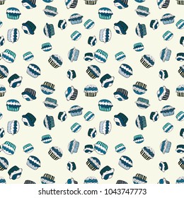 Seamless pattern with sweets - ice cream, cupcakes isolated on cute neutral, blue and white background. Can use for birthday card, the children menu, packaging, textiles, fabrics, wallpaper. Vector.