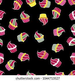 Seamless pattern with sweets - ice cream, cupcakes. Isolated in black, red and white colors. Can use for birthday card, the children menu, packaging, textiles, fabrics, wallpaper. Vector illustration.